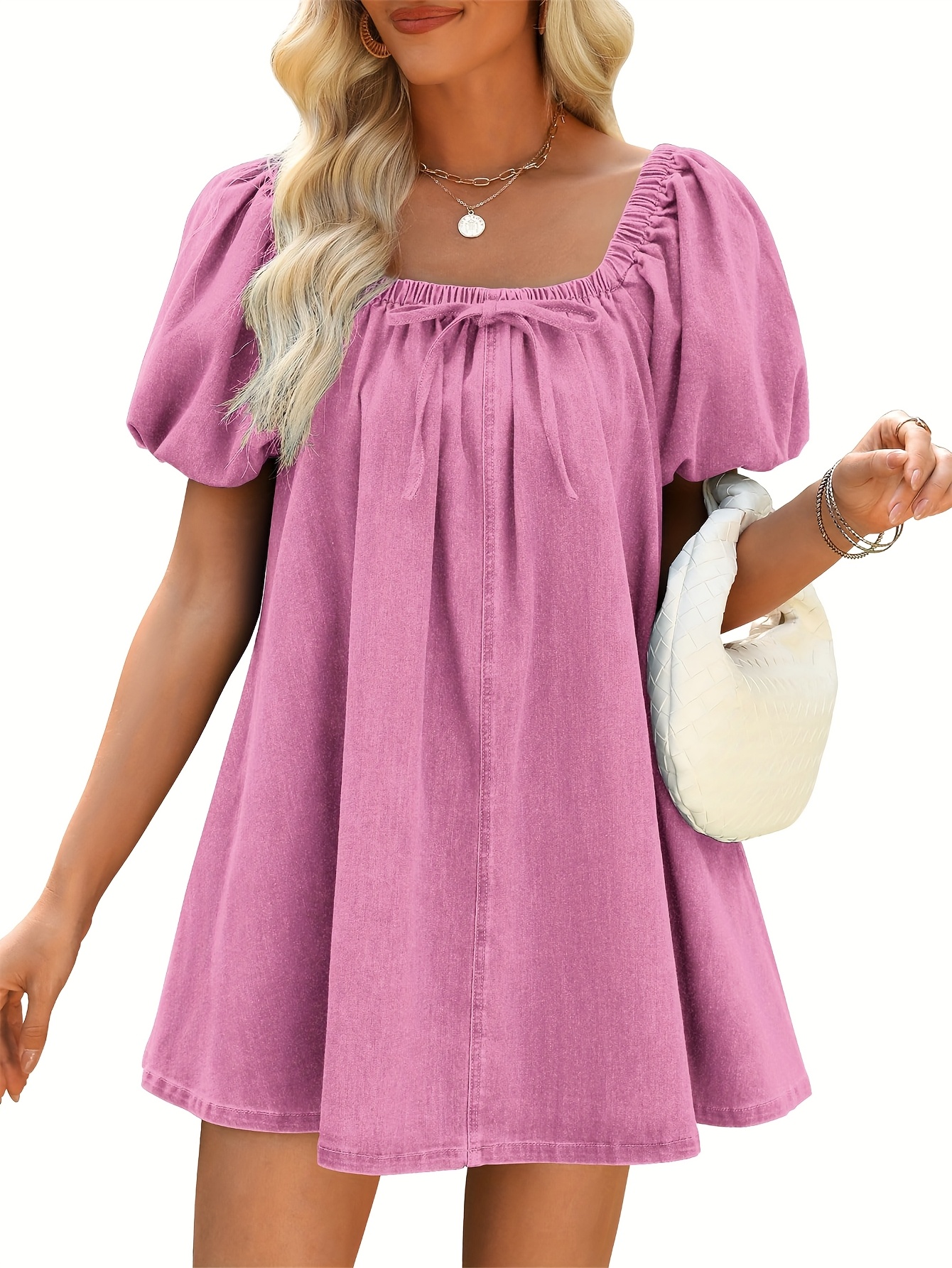 womens denim dress women puff short sleeve jean dress square