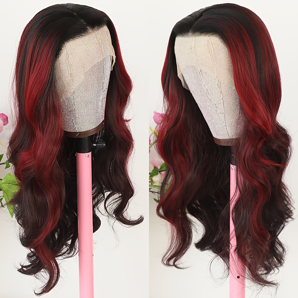 luxurious black wine red ombre lace front wig women 180 - Temu display picture 3