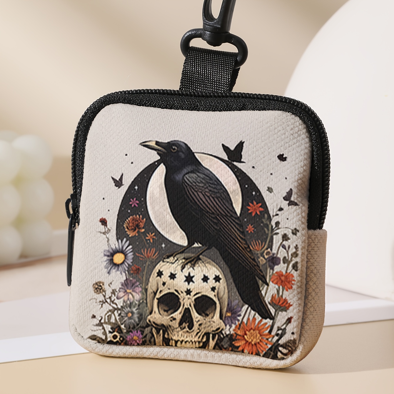 

Gothic Crow Skull Large Capacity Coin Purse - Multifunctional Key & Card Holder, Polyester, Zip Closure - Perfect Gift For Women