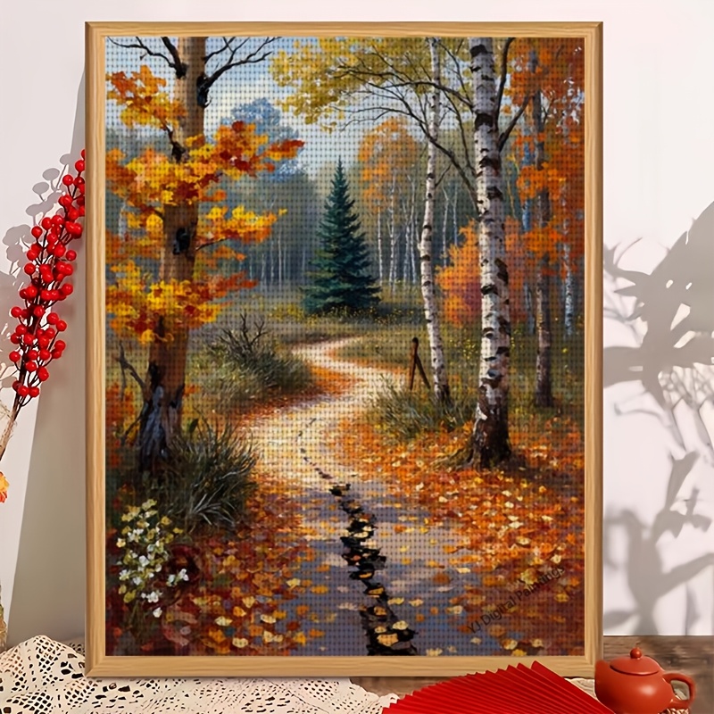 TEMU A New Set Of Frameless Cross- Embroidery Kit Featuring The Design 'autumn Leaves Path In '. This Handmade Embroidery Set For Home Decor Includes