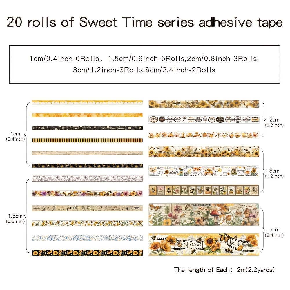 TEMU Set Of 20 Rolls Of Vintage Washi Tape Featuring Bees And Flowers, In 5 Different Widths. Ideal For Decorative Masking In Scrapbooking,