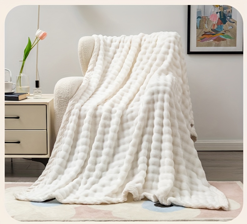 luxurious white bubble fleece blanket   polyester   knit fabric soft and cozy for living room office bedroom camping pet versatile throw contemporary style 250 300gsm ideal birthday gift details 5