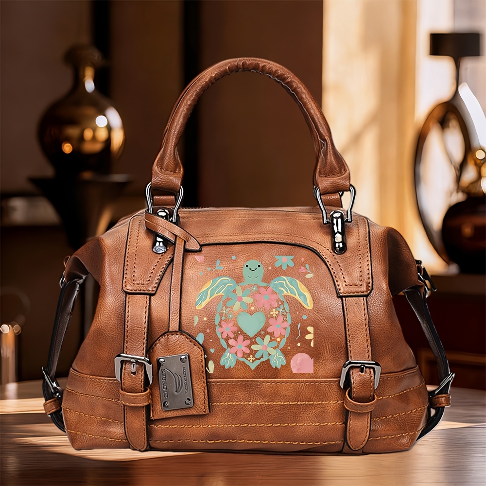 item picture turtle print handbag with   heart floral zipper closure crossbody bag suitable for daily commuting travel casual   shoulder purse