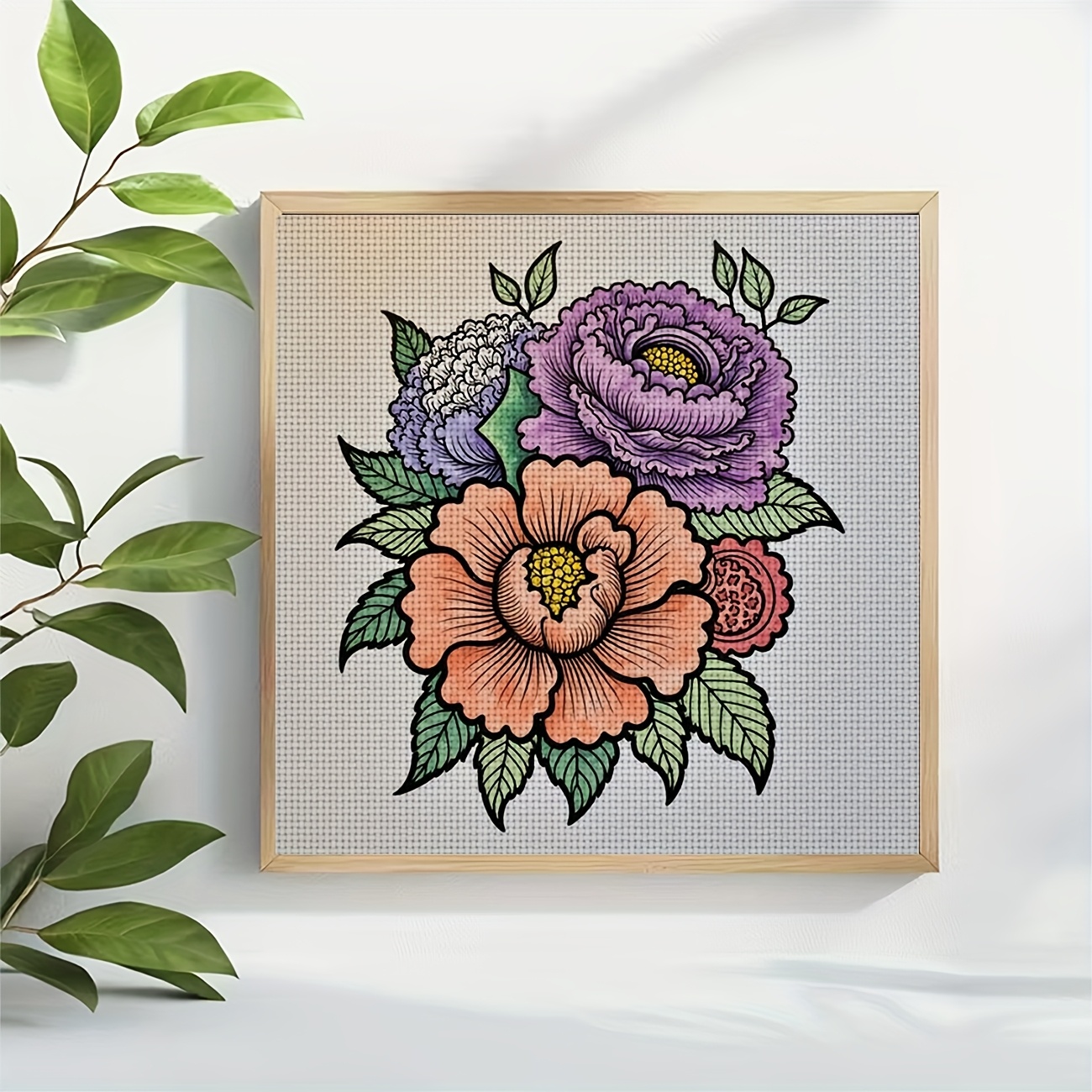 Frameless Cross-Stitch Printing Kit, Colorful Floral Illustration