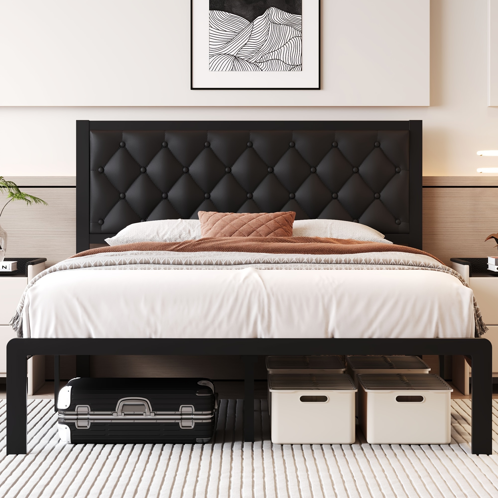 

Bed Frame With Headboard Pu Leather Upholstered Bed Frame Platform, All Metal Slats Support Platform Bed Frame With Storage Space, Easy Assembly, , Spring Needed