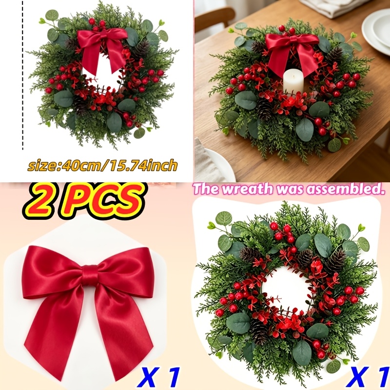 TEMU 2pcs, 1pc 40cm Simulated Turquoise Wreath And 1pc Red Bow, Wreath Suitable For Christmas, Christmas Eve, New Year, Themed Parties, Thanksgiving,