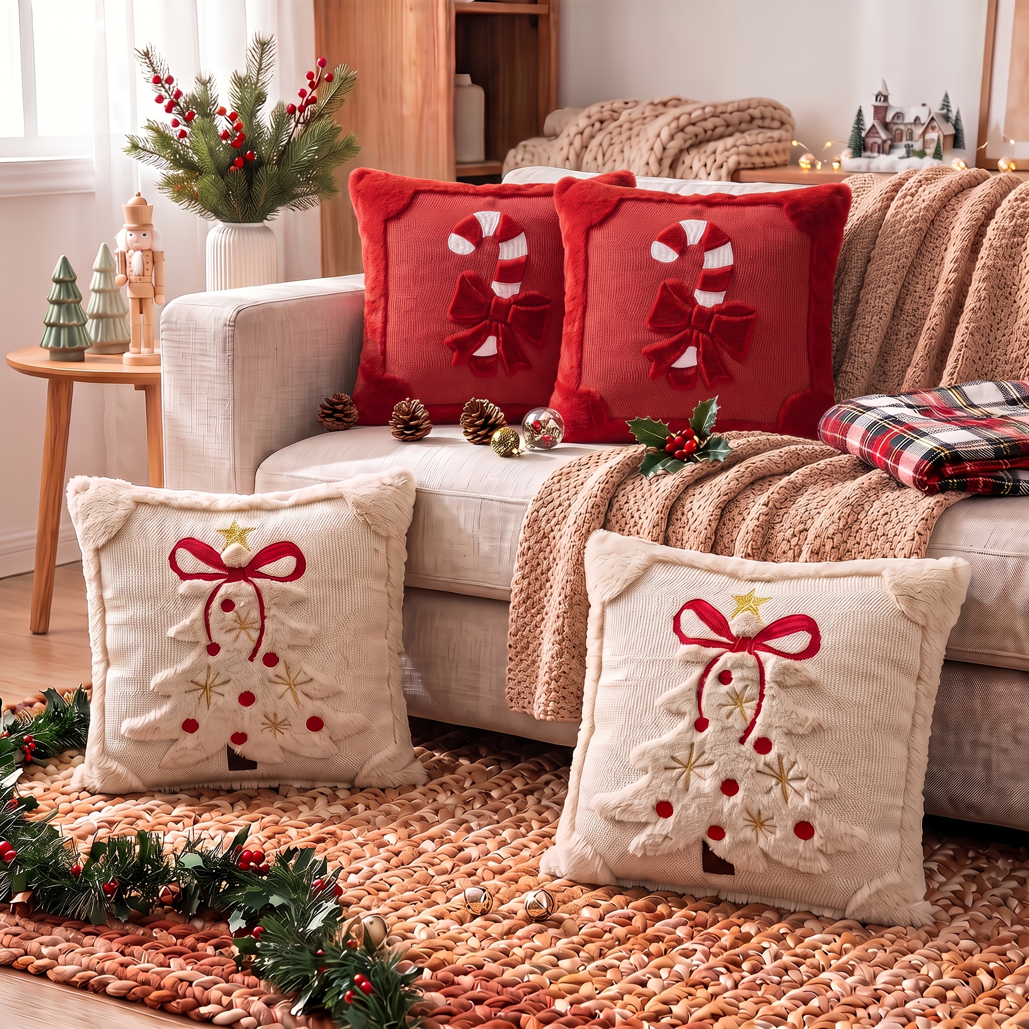 TEMU 4pcs Festive Christmas Throw Pillow Covers 18 X 18 Inches, 3d Raised Appliqué Plush Cushion Covers, Furry Edge Xmas Tree Snowman Reindeer Candy