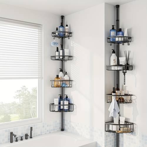 no drill corner shower storage rack a rust resistant stainless steel organizer with four layers and a telescopic rod floor mounted adjustable from 47 to 121 inches and the bathtub for storing shampoo black