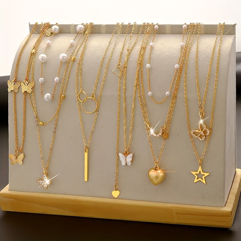 TEMU 11pcs Fashion Elegant Bohemian Style Heart Star Moon Pendant Necklace Women's Multi-layered Collarbone Chain, Ideal For Holiday Party, Dating, Everyday Matching, Valentine's Day, New Year, Gift