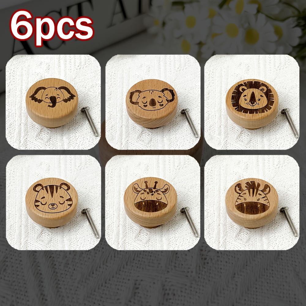 Image of 6pcs Handmade Wood Animal Engraved Drawer Knobs - Cute , Polished Finish, Single Hole Cabinet Pulls With Screws Included, Decorative Furniture Handles For Dressers & Kitchen Cabinets, Cabinet Knobs