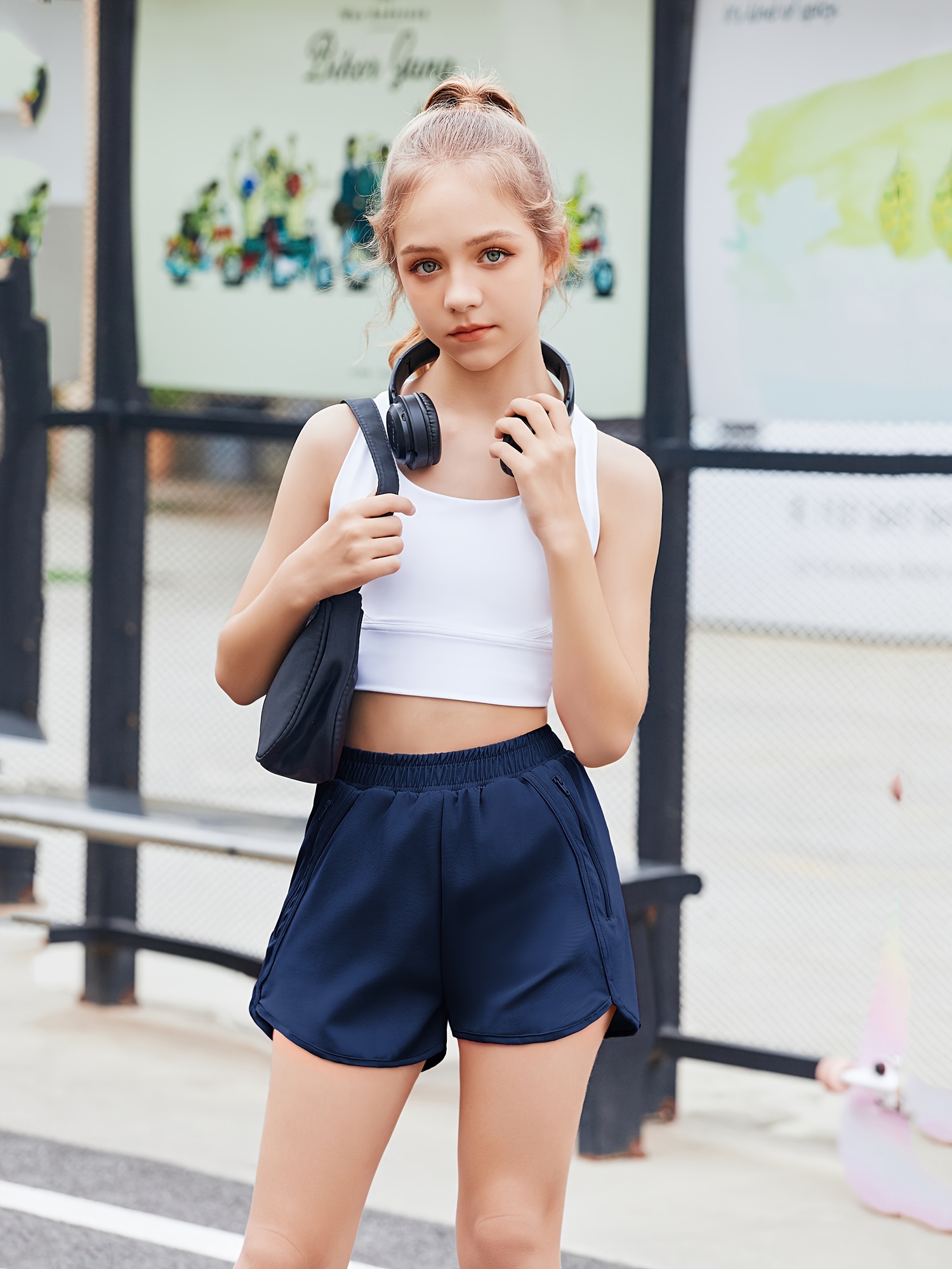 High Waisted Girl Wearing Gym Shorts Girls Athletic Shorts With