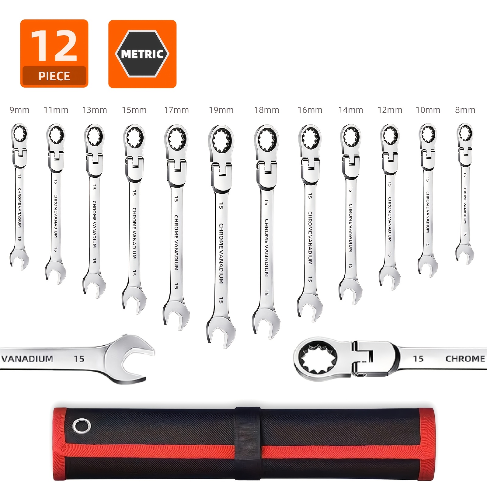 TEMU Juego de herramientas de llave de carraca SPAITRON de 12 piezas con cabezal ajustable de 72 dientes | 8-19 mm y de 1/4" a 13/16" | espejo