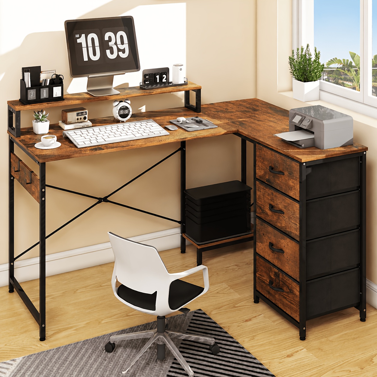 Image of 130cm L-shaped Corner Computer Desk With Drawers And Monitor Stand And Stand, For Study, Office, And Gaming