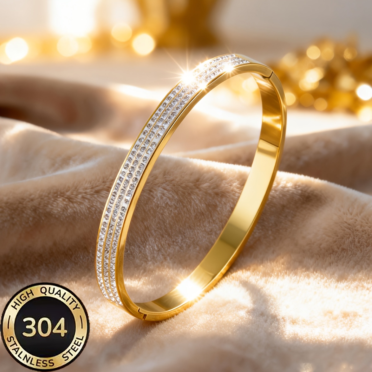 TEMU 18k Gold-plated 304 Stainless Steel Women's Bracelet, Featuring -row Fully Cubic Zirconia Cuff Bracelet, Hypoallergenic, Color-resistant, And