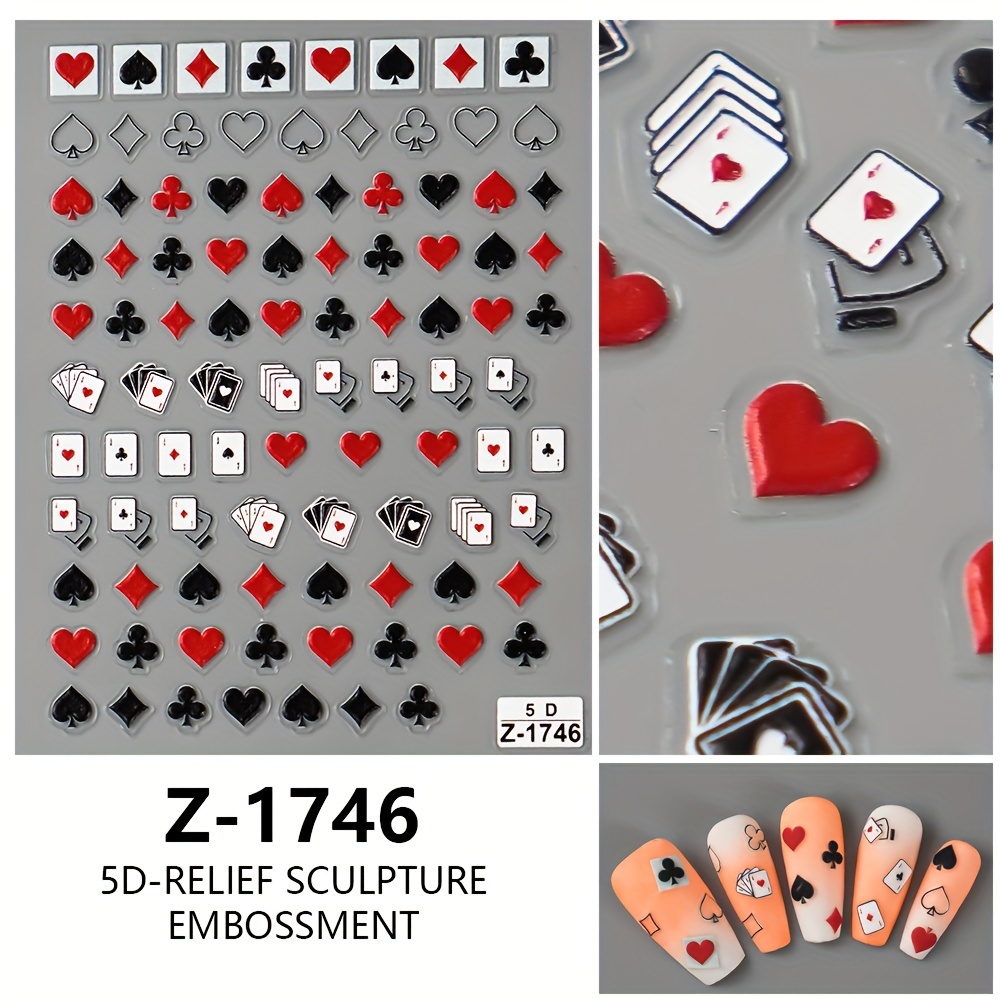 Image of New 5d Embossed Playing Card Nail Stickers, Heart, Spade, Club, Nail Art Decals With Stereoscopic Adhesive Backing