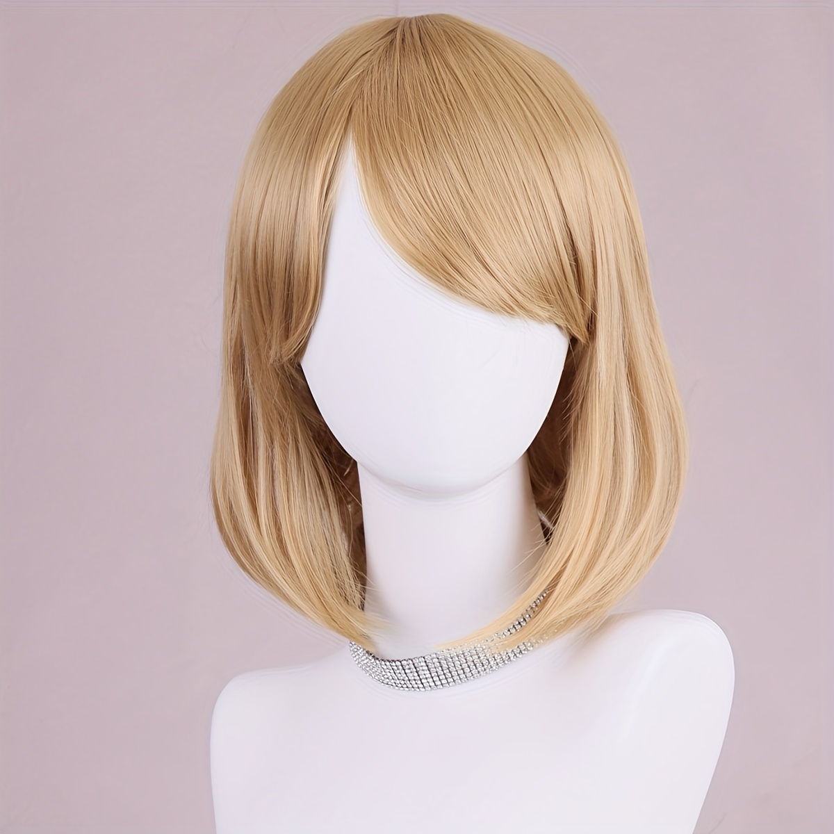 TEMU Perruque Bob Courte Beige de 12 Pouces avec Frange Ludique, pour les Fêtes et Festivals