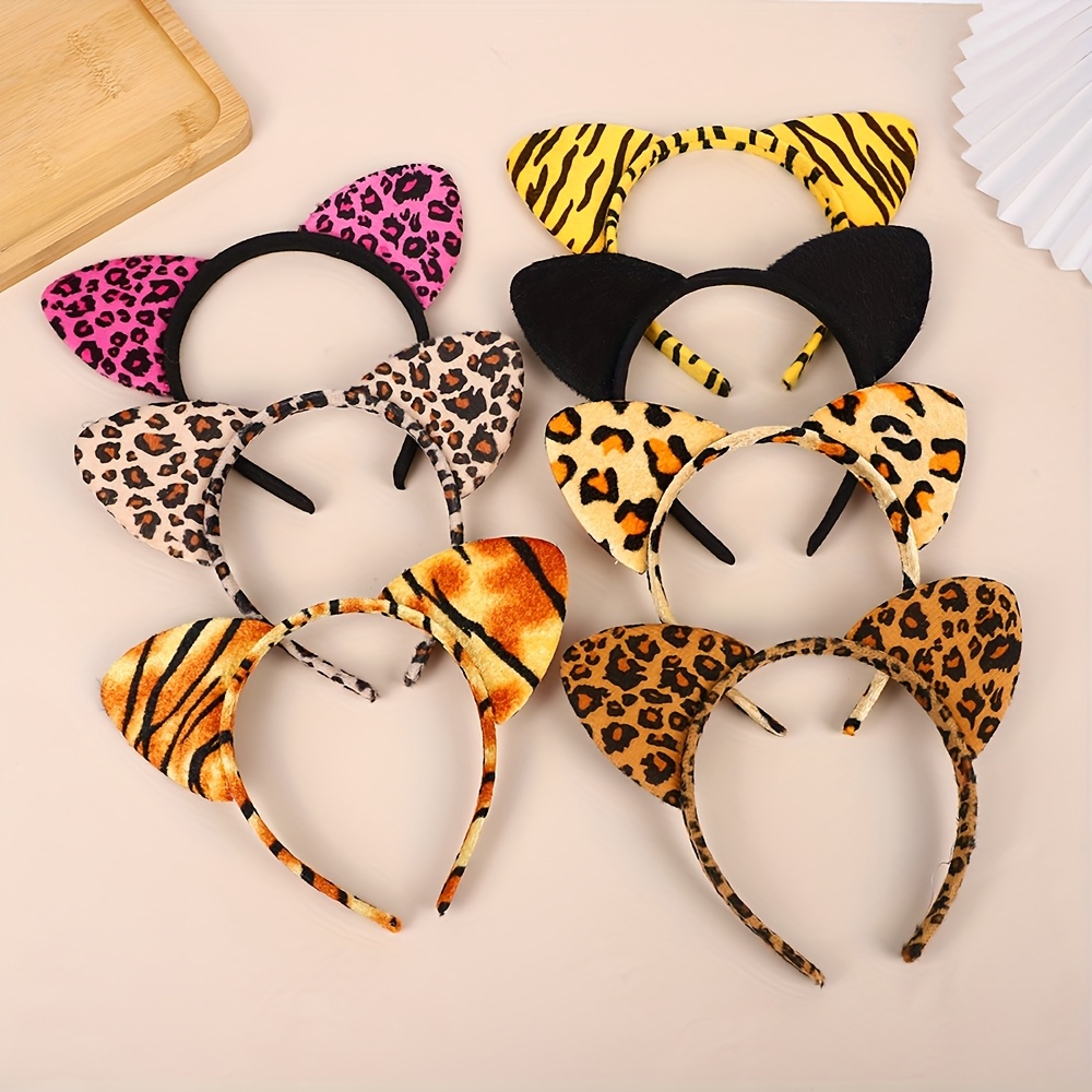 Image of 7 Cartoon Leopard Print Headbands, Plush Leopard Print Cat Ear Headbands, Animal Ear Headbands For Halloween, Prom, Party, And Festival