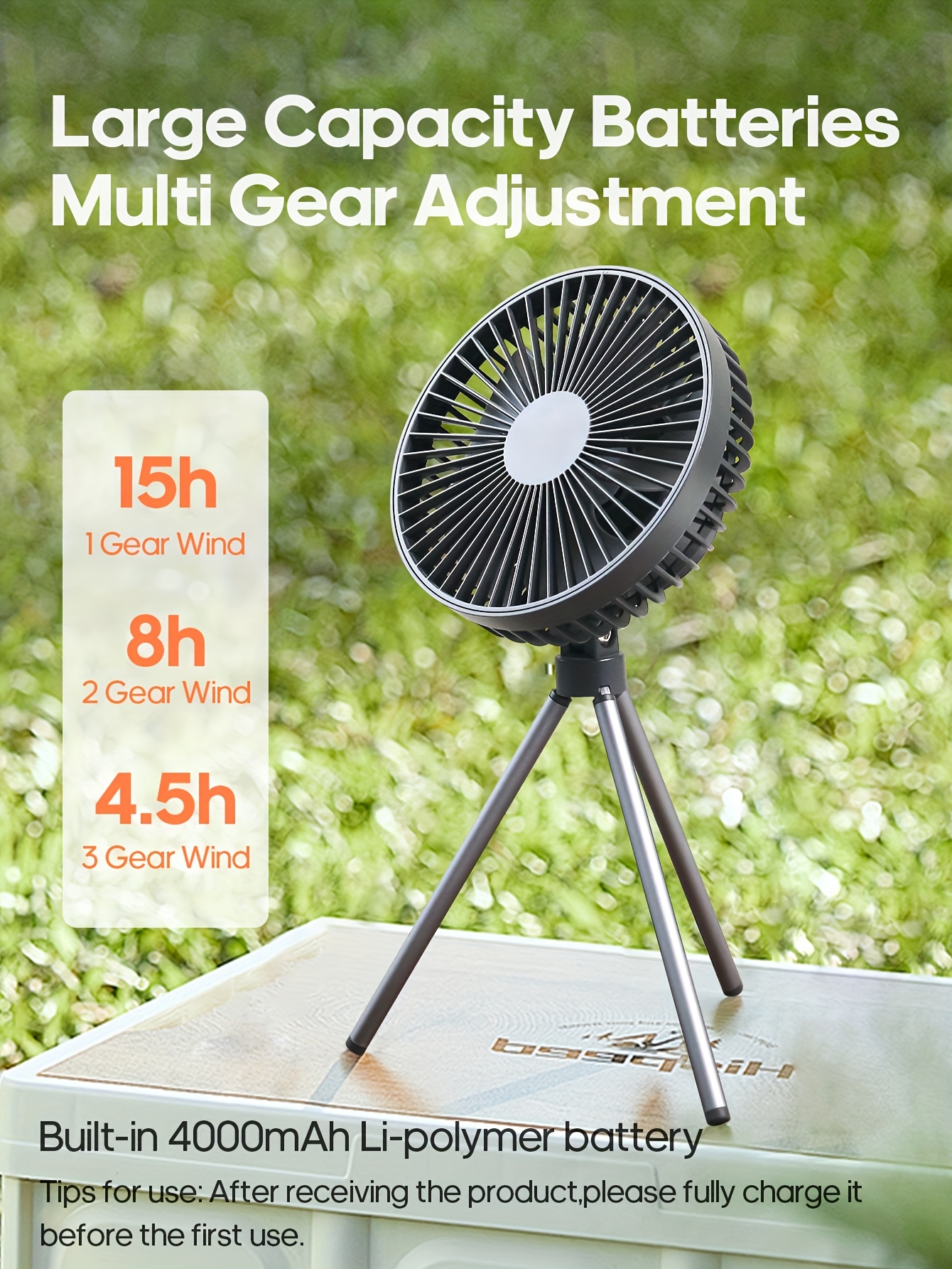 Summer essentials portable outdoor camping fan 4000mAh rechargeable tripod fan suitable for outdoor office desktop with timer built-in hook for hanging three-speed wind multifunctional personal fan