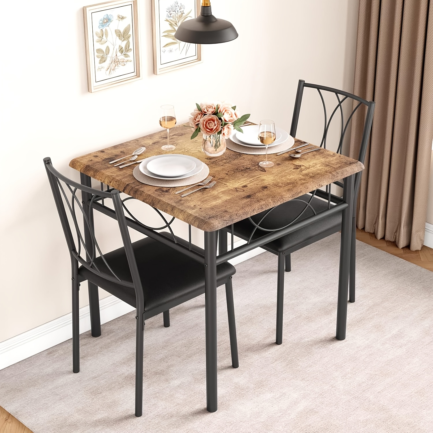 Image of 3pcs Compact Dining Table Set For 2 With Space- Square Table & 2 Chairs - Modern Kitchen Table With Frame & Mdf Top,, Chairs Slide Under Table For Small Apartments, , Breakfast