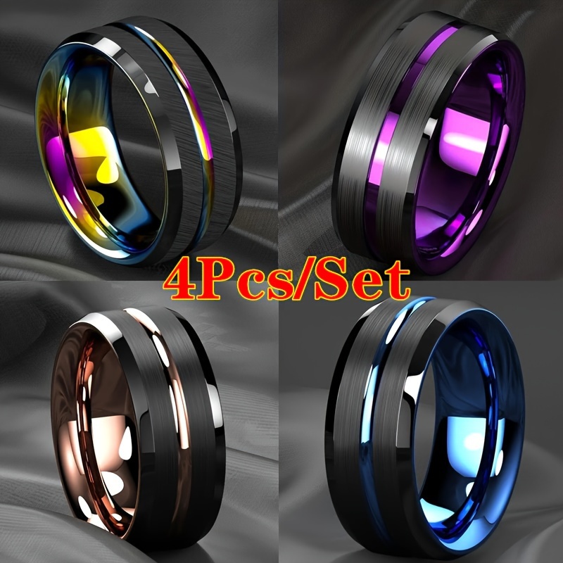 

4pcs/set 8mm Rose Golden Colorful Blue Purple Stainless Steel Men's Ring - Brushed Engagement And Wedding Ring, Low Allergy, Eternal Style Jewelry