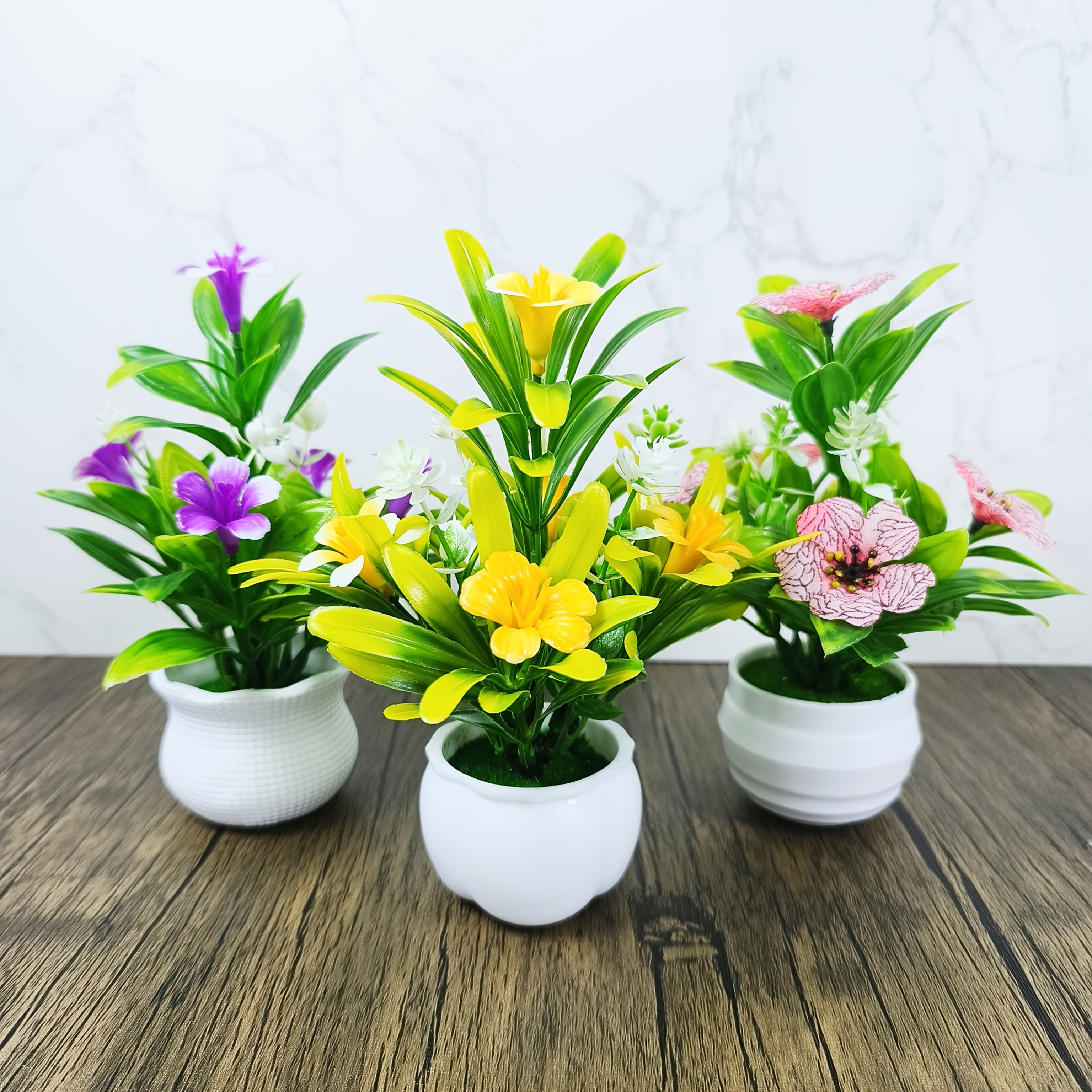 3pcs Mini Artificial Flowers Potted White Flower Pots For Home Decoration Living Room Office Decor