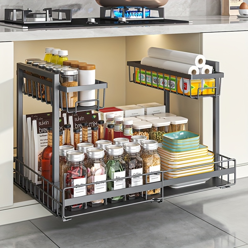 Expandable Under Sink Organizer, 2 Tier Under Sink Organizer With 3-level Height Adjustment, Pull-out Under Sink Drawers Cabinet Organizer For Kitchen & Bathroom