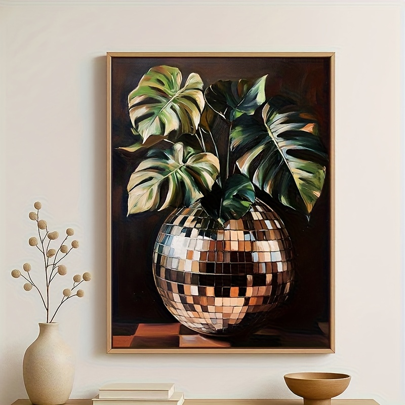 E-shop 2D-Flach, . rahmenlose Disco-Kugel-Wandkunst, . rahmenlose Disco-Kugel-Wandkunst, Monstera, Vintage-Schick-Digital-Kunst, eklektischer
