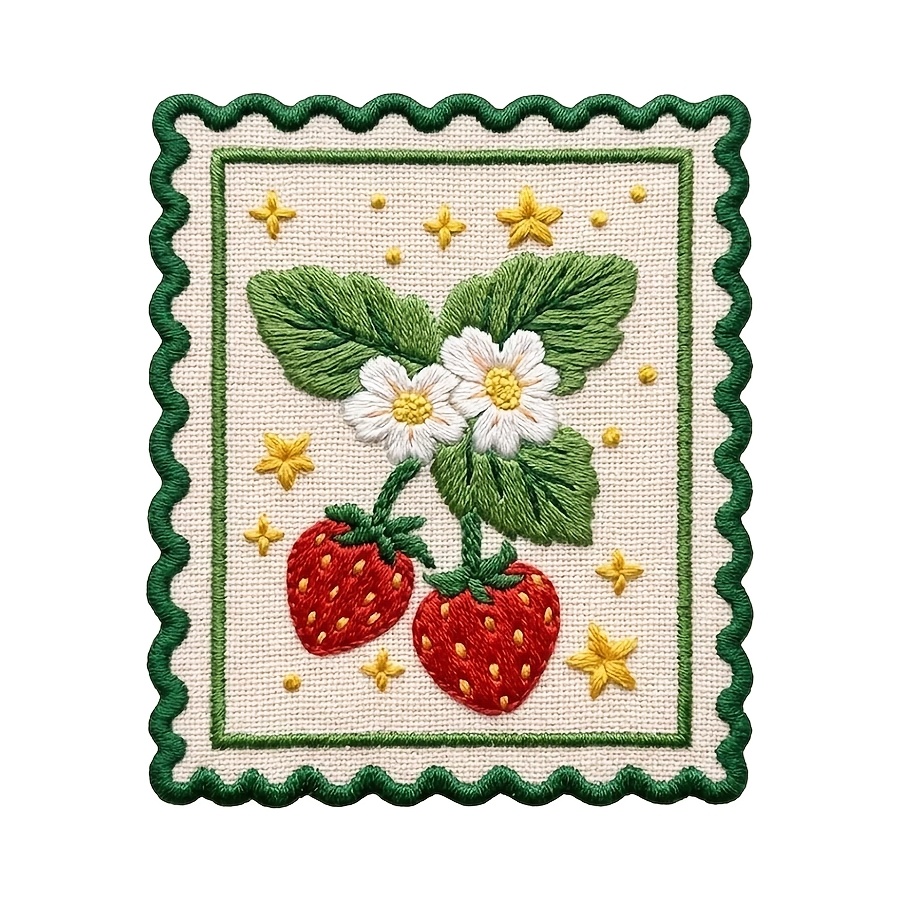 TEMU 1pc Strawberry Flower Embroidered Patch, Cute Fruit Floral Iron On Sew On Applique Badge, Aesthetic Green Border Patch For Jacket Backpack Hat