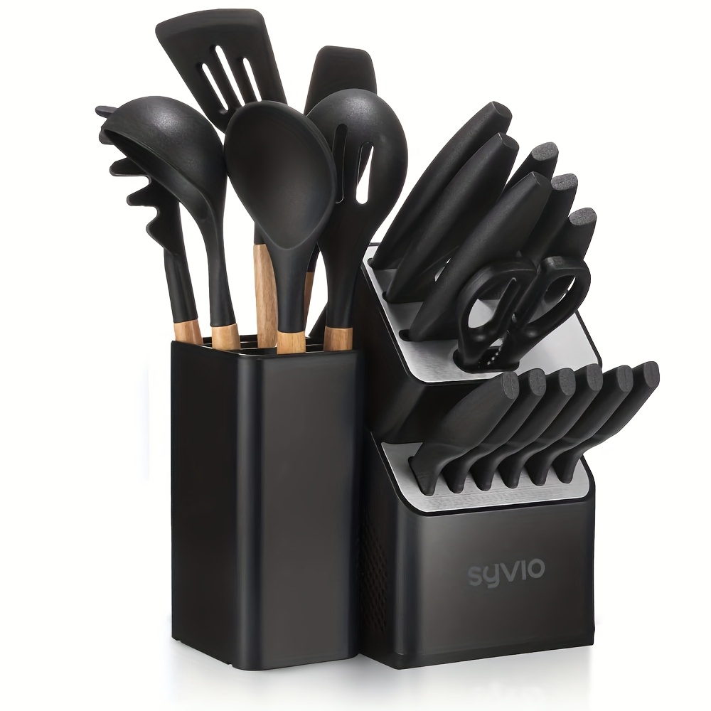 TEMU For Kitchen With Block, 21pcs Utility For Kitchen With Block And Sharpener, Razor-sharp, Effortless Sharpening, Knives With Kitchen Utensils Set And Utensil Holder, Black