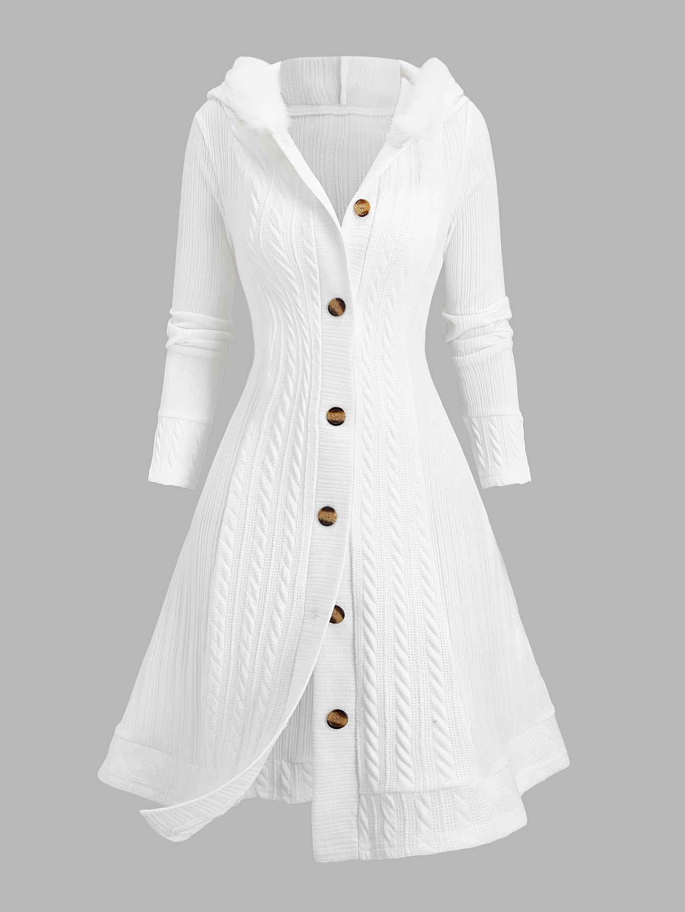 Abrigo tejido con capucha estilo Y2K para mujer, 100% poliéster, color liso, abrigo largo con botones y detalles de pelo sintético, diseño de tejido de cable, colección otoño/invierno - Imagen 8