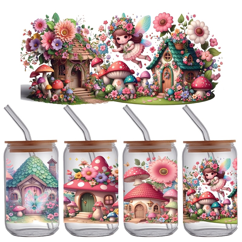 TEMU A Set Of 4 Flower Fairy And Fairy Tale House Themed Designs, 4.3 Inches * 9.4 Inches, Uv Dtf Heat Transfer Stickers, Cartoon Patterns, High
