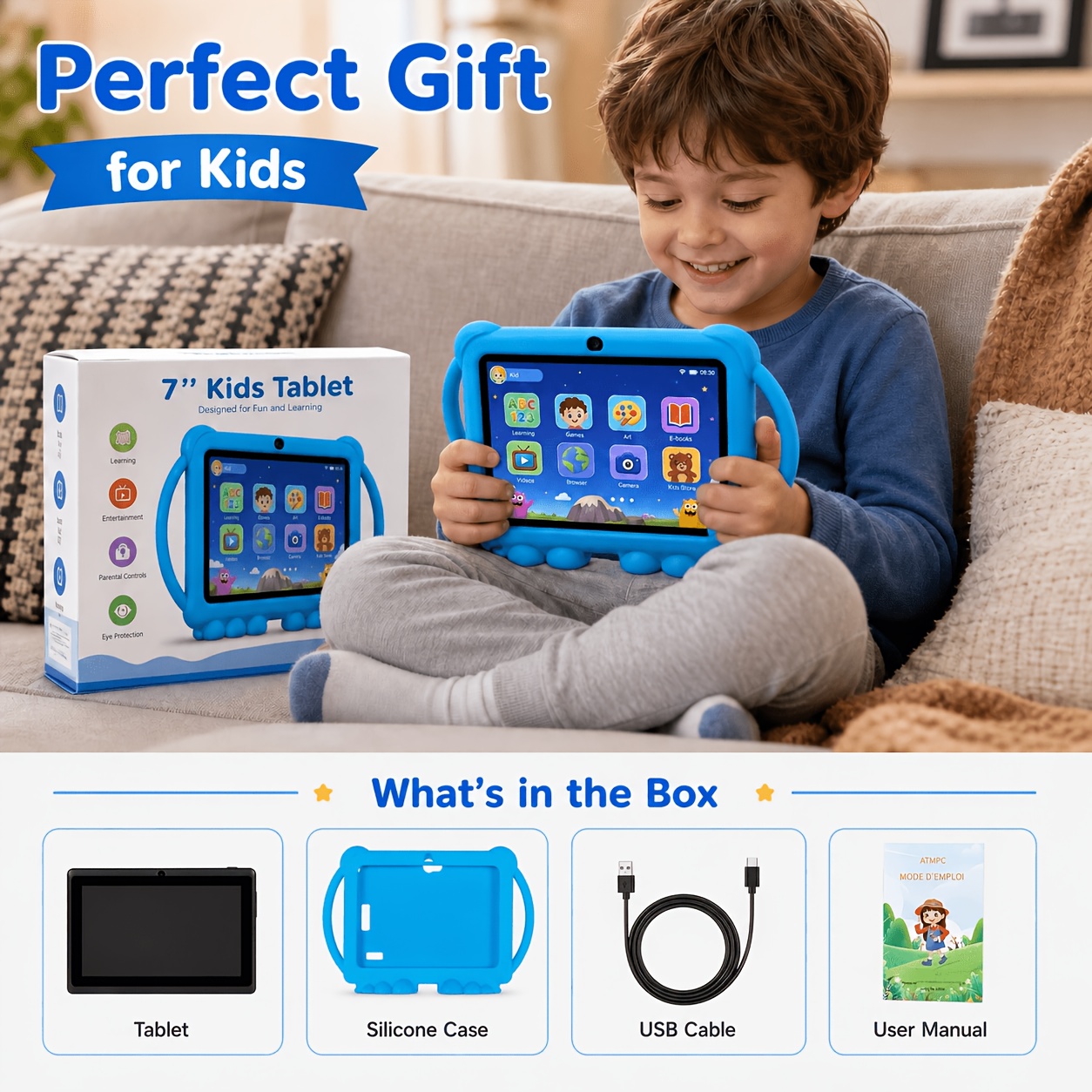 TEMU Tableta para niños de 7 pulgadas 14, 4 GB (2 GB + 2 GB ampliables) de RAM, 32 GB de ROM, tableta de aprendizaje con WiFi y Bluetooth para niños,