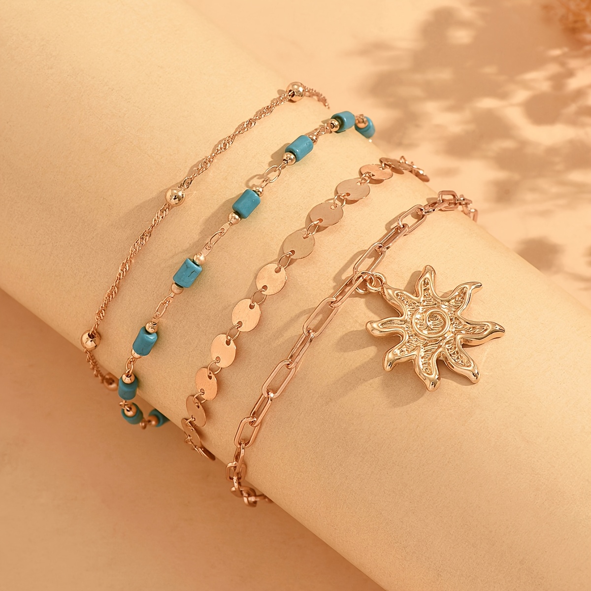 4pc Vintage Golden Disc Turquoise Chain Bracelet Set