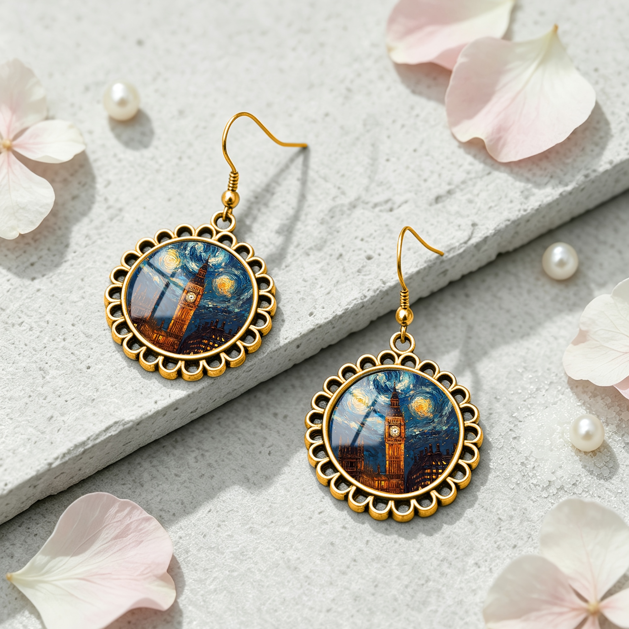 Vintage Big Ben Starry Night Pattern Round Earrings