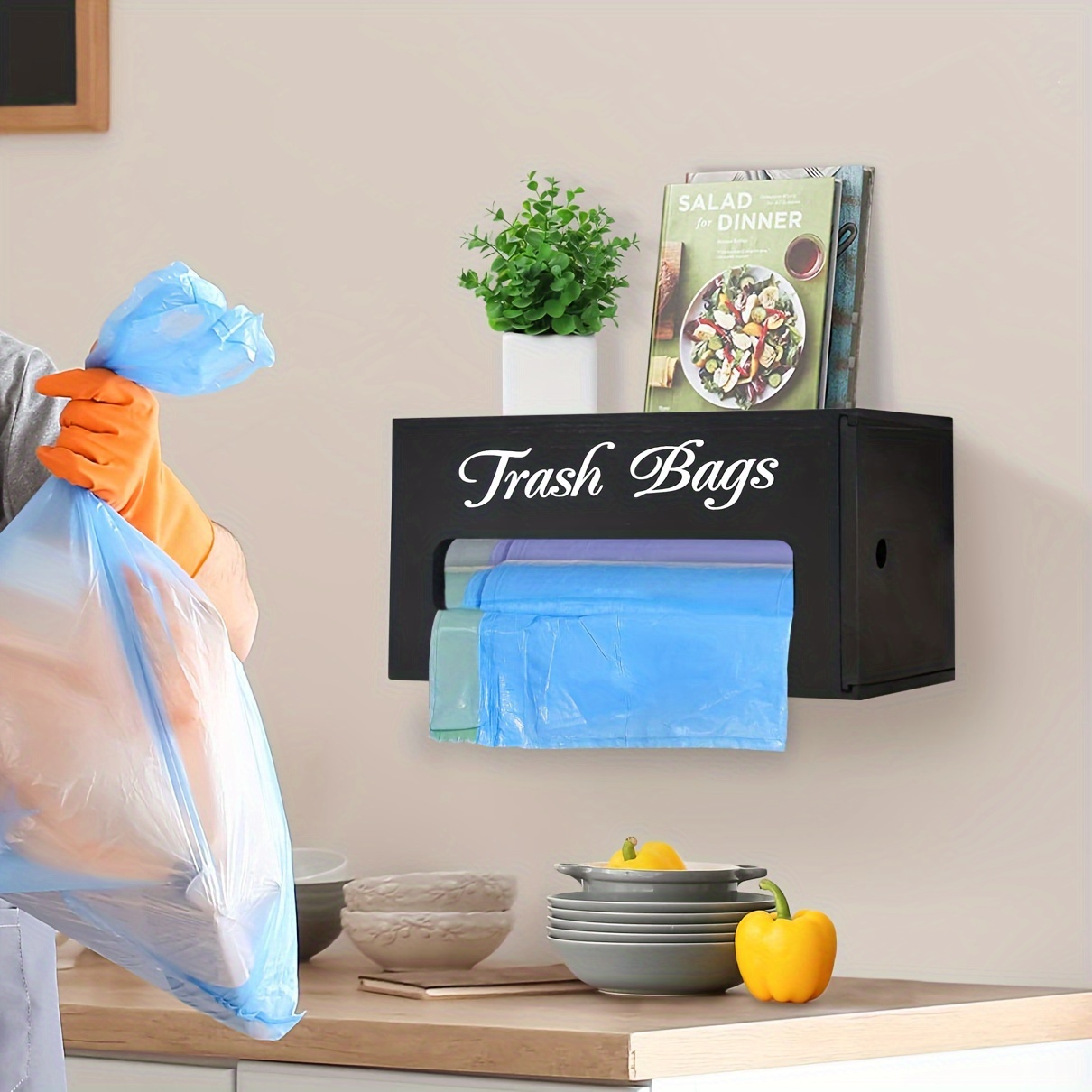 wooden trash bag holder kitchen organization farmhouse style