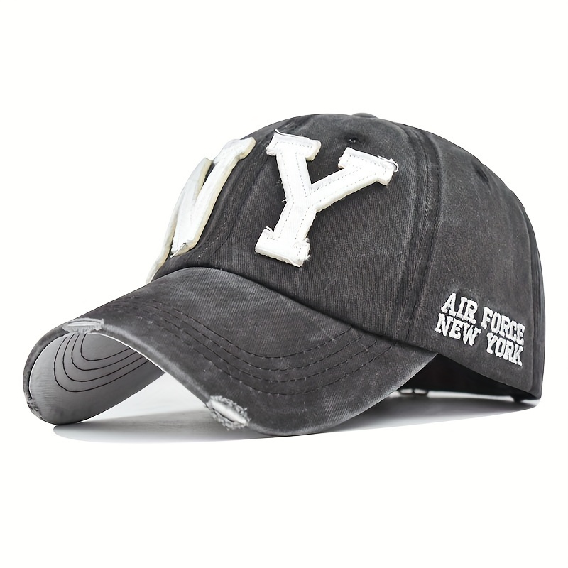 Vintage Distressed Ny Baseball Cap For Women, Outdoor -block, Embroidered Casual Duckbill Hat With Adjustable Strap