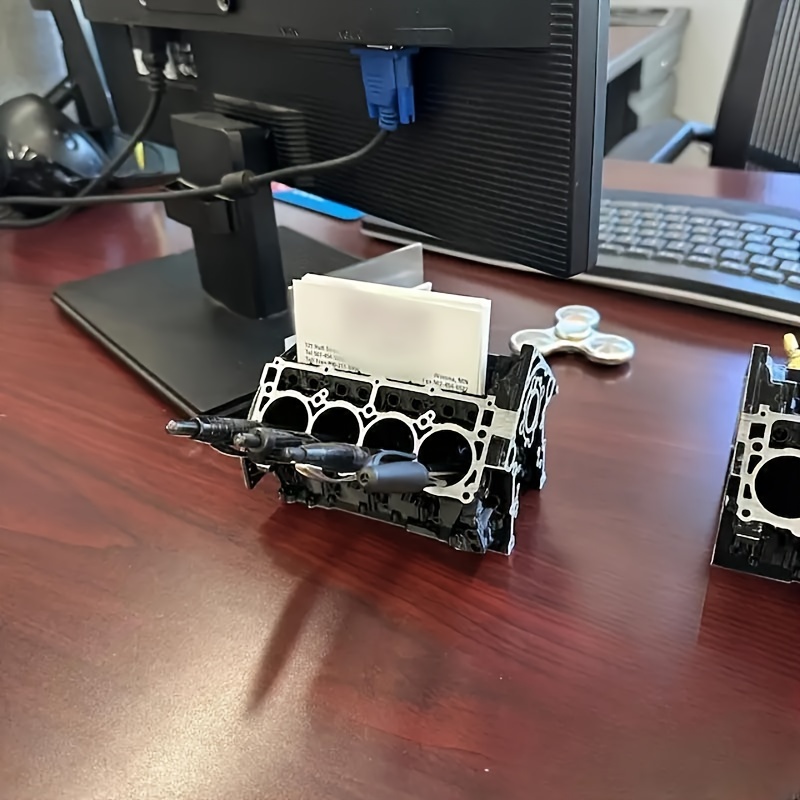 Engine Model Business Card Holder - Silver Resin Pen & Card Holder For Car Enthusiasts