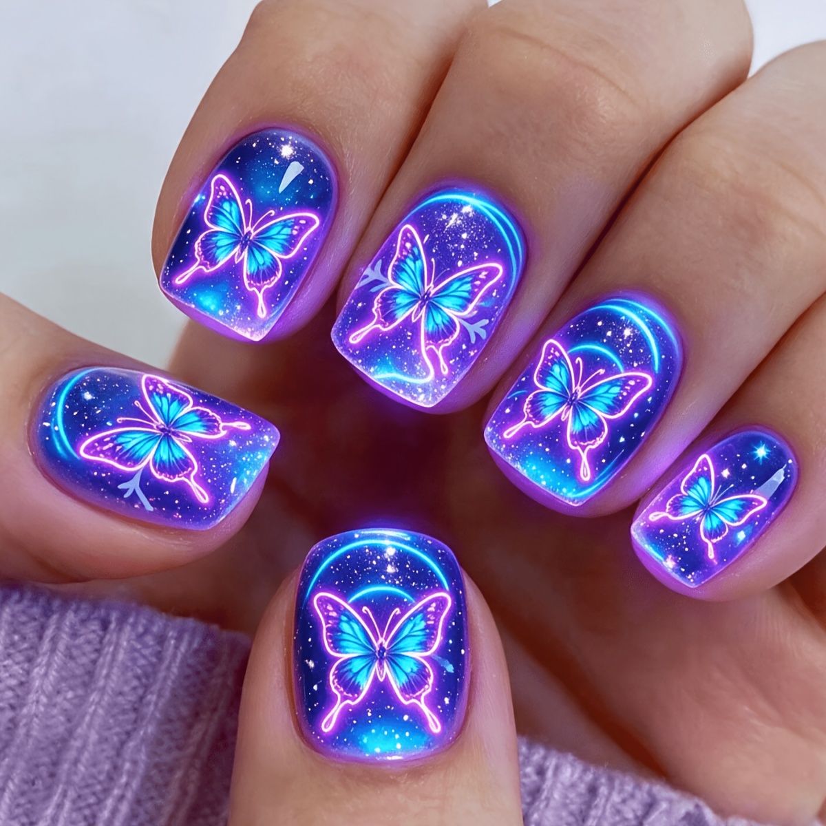 TEMU 24pcs Christmas Short Square Press-on Nails, Blue Starry Sky Fake Nails, Neon Snowflake Pattern, Women's Party Nail Art, Removable False Nails,