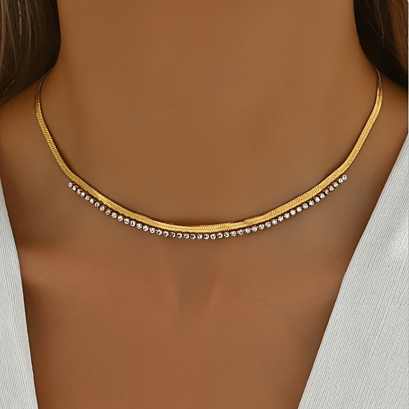 TEMU 1pc Retro 18k Golden Plated Stainless Steel Water Drop Shape Crystal Inlaid Chain Necklace, Suitable For Daily Wear And Wedding Occasions, Is An