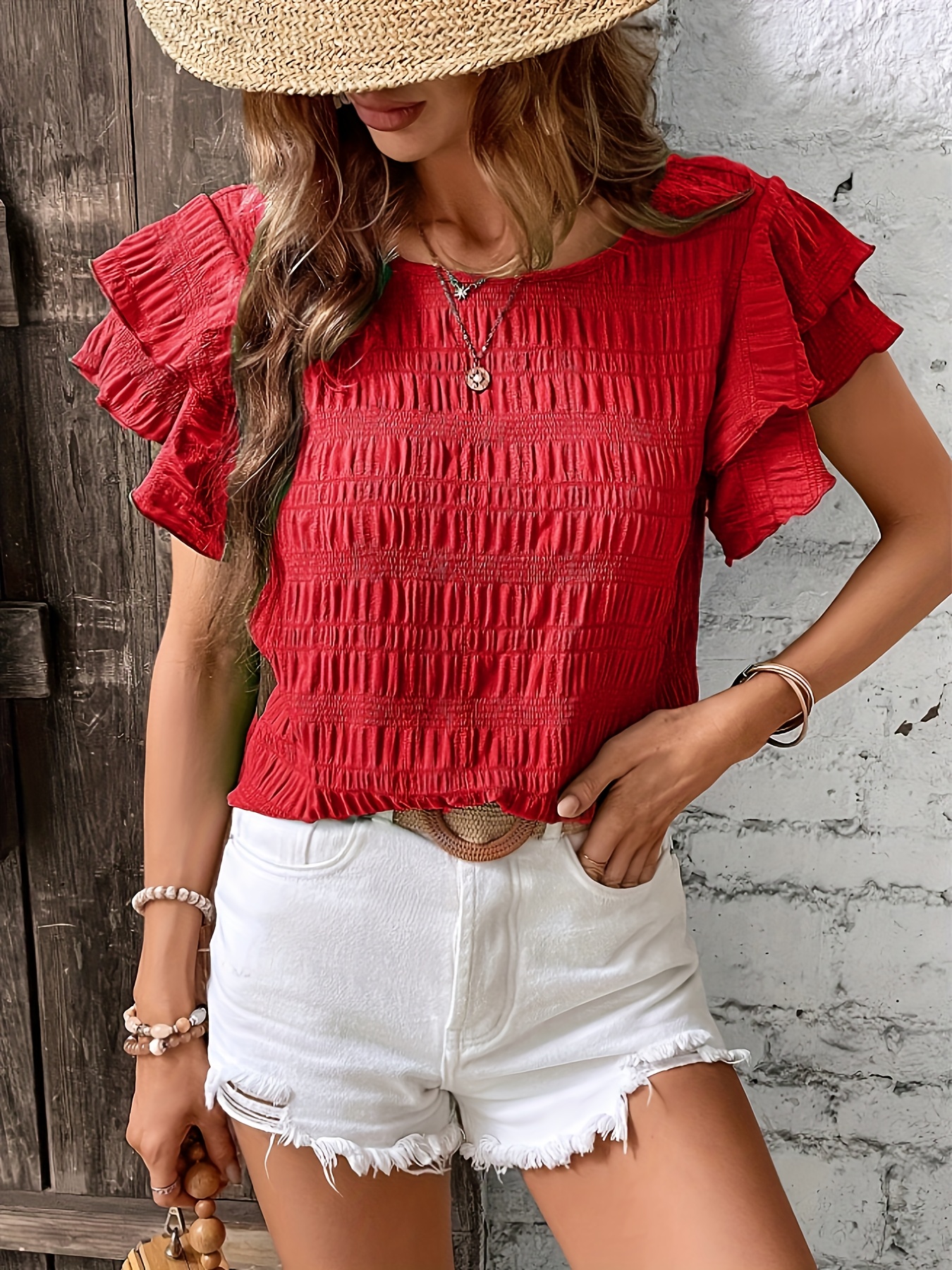 Solid Textured Crew Neck Blouse Elegant Layered Ruffle Trim - Temu