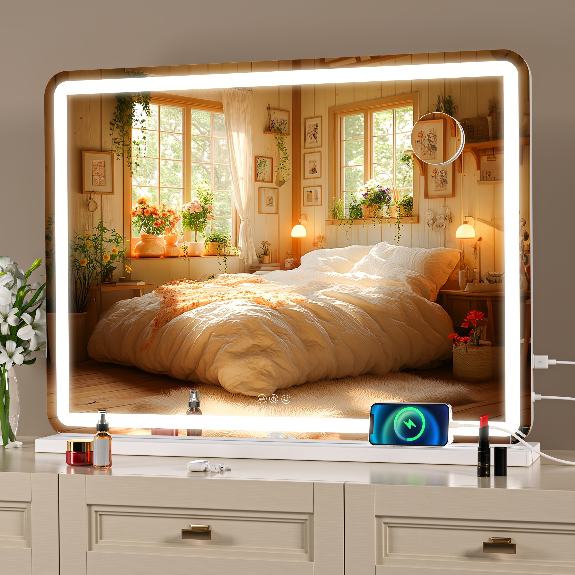 

Hasipu Vanity Mirror With Lights, 32" X 22" Led Makeup Mirror, Lighted Makeup Mirror With Dimmable 3 , Touch Screen Control Vanity Mirror Round Frame