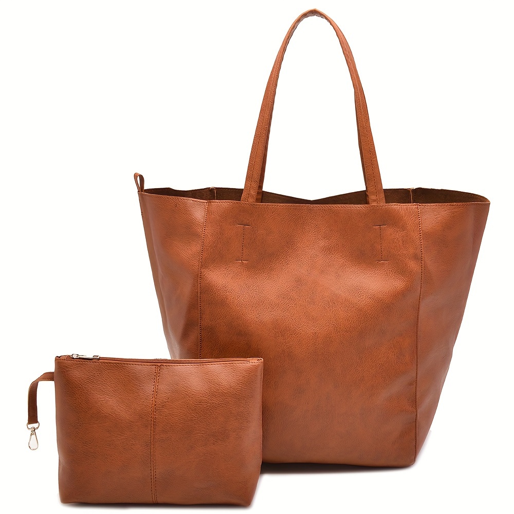 Retro Large-capacity Solid Color Tote Bag Set, Includes A Shoulder Bag.