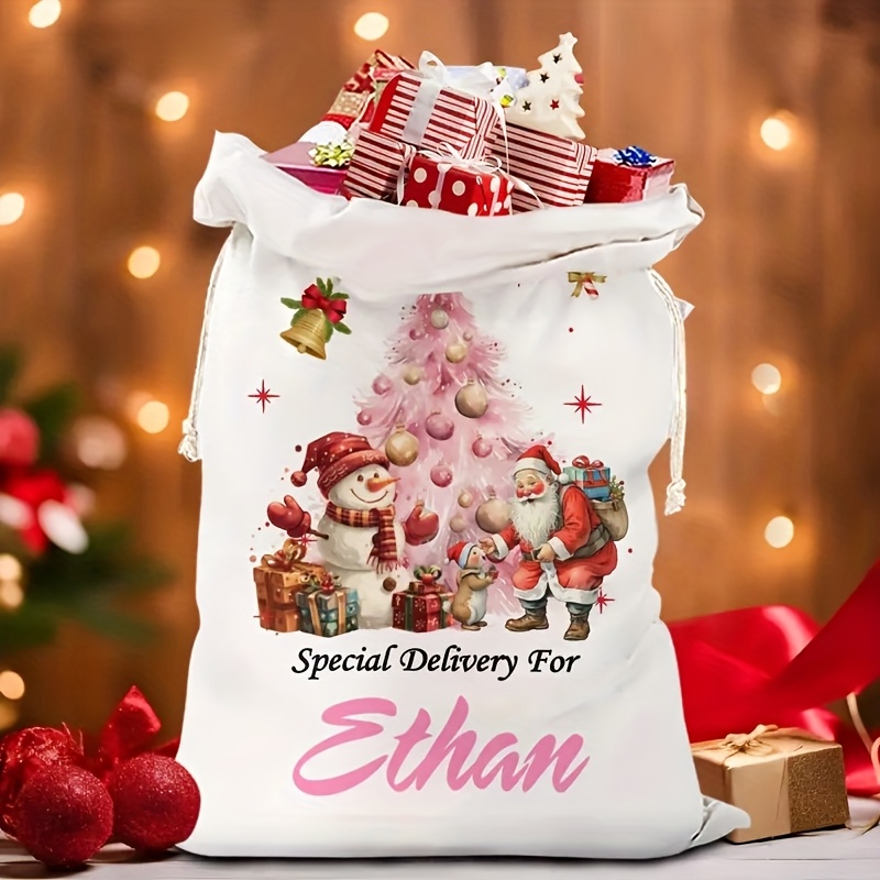 TEMU Personalized Santa Claus White Christmas Gift Bag With Name/message, Drawstring Closure, Santa And Elf Design, Durable Party Gift Bag, Suitable