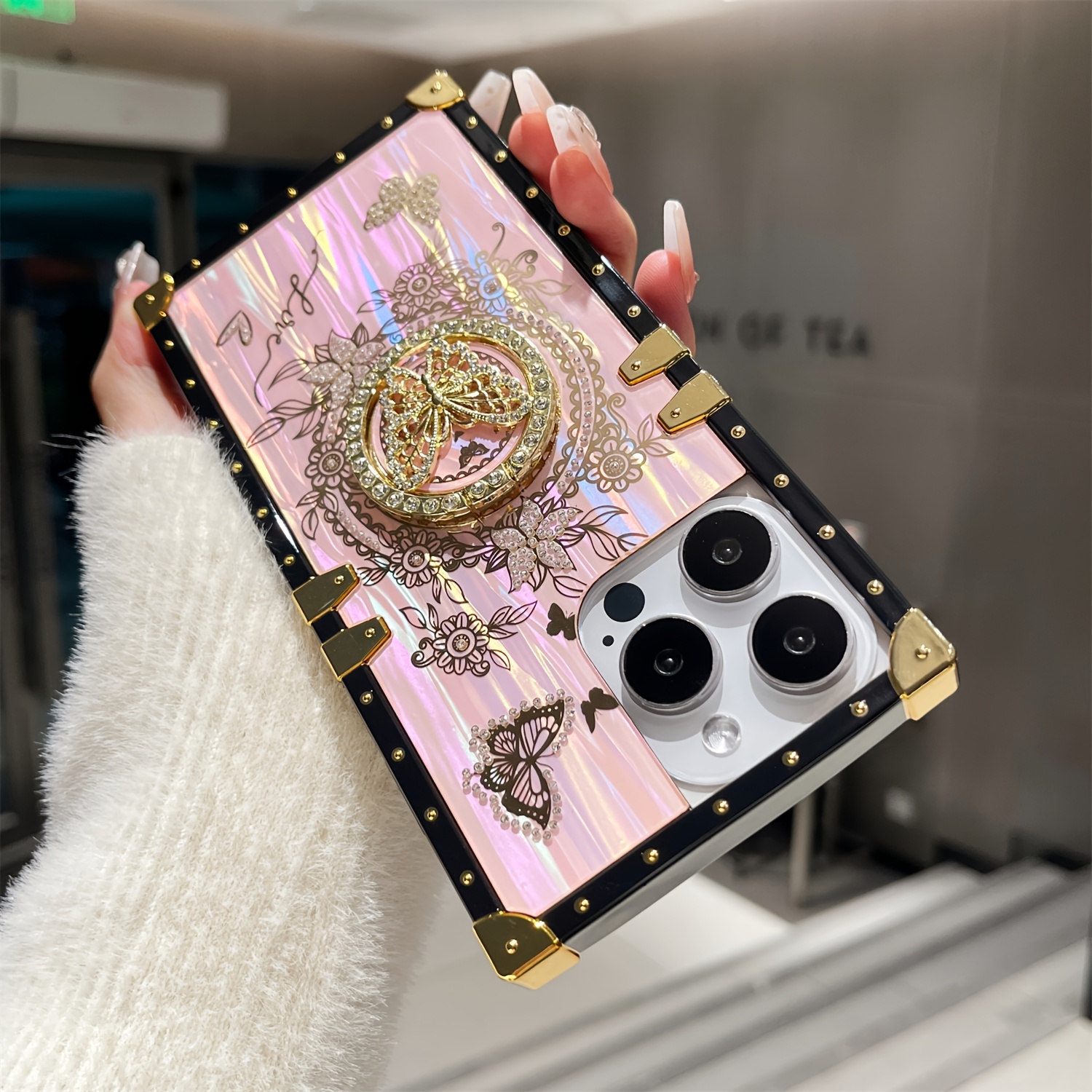 Luxury Laser Shell Pattern Case for iPhone 16 15 Pro Max 14 13 12 11 Plus Rhinestone Butterfly Stand Holder Shockproof Card