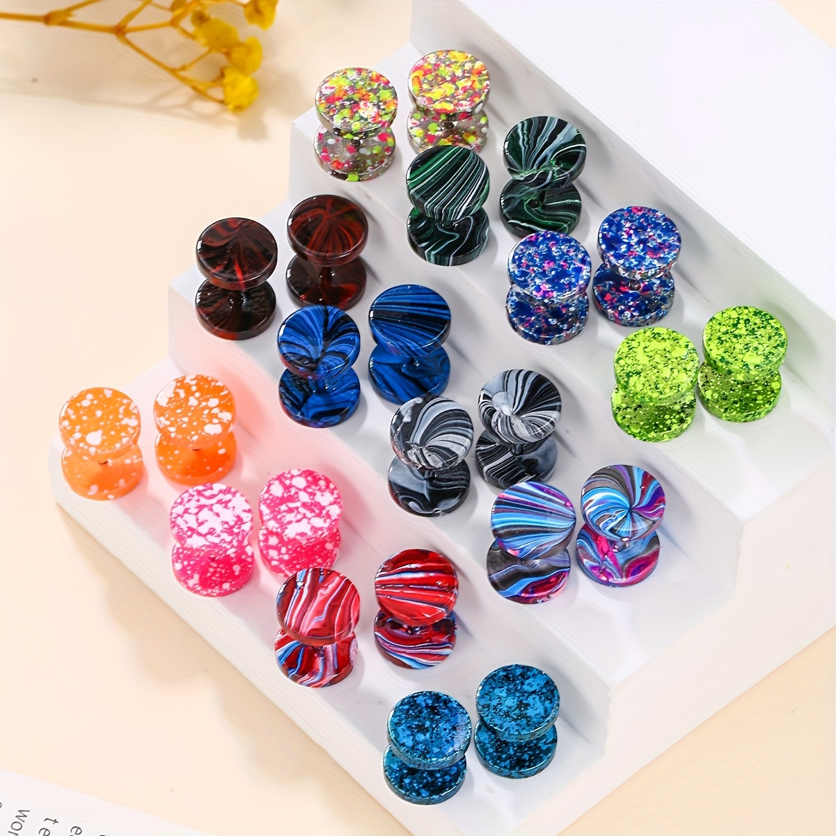 Image of 24pcs Of Camouflage Candy-colored Stud Earrings, Dopamine Color Round Disc Barbell Earrings, Ear Expanders, Baked Paint Stainless Steel Additions For Men And Women