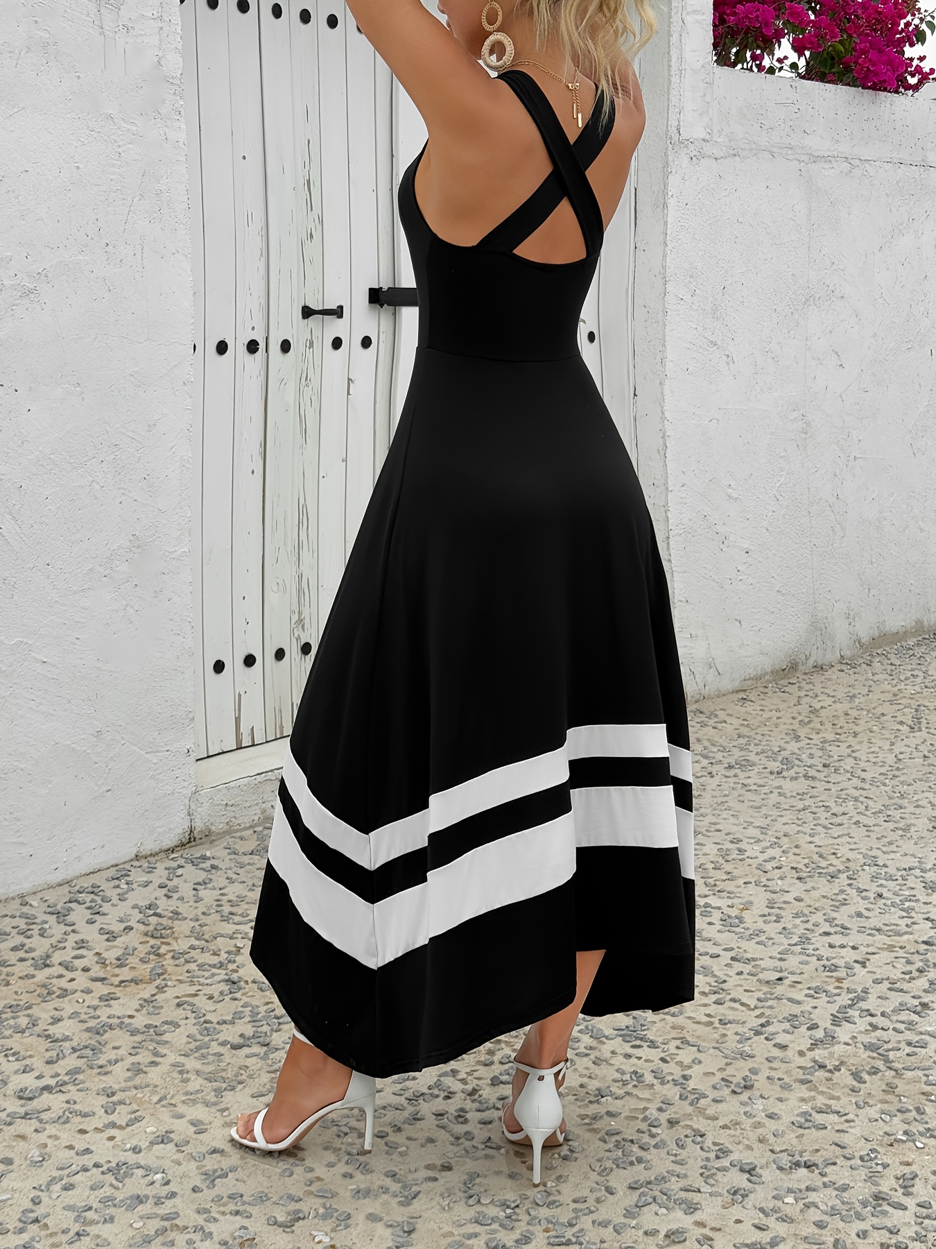 Zwarte accent feest-/formele strandjurk Elegante wijdvallende maxi jurk  voor avondevenementen en zomeroutfits Dames formele kleding,