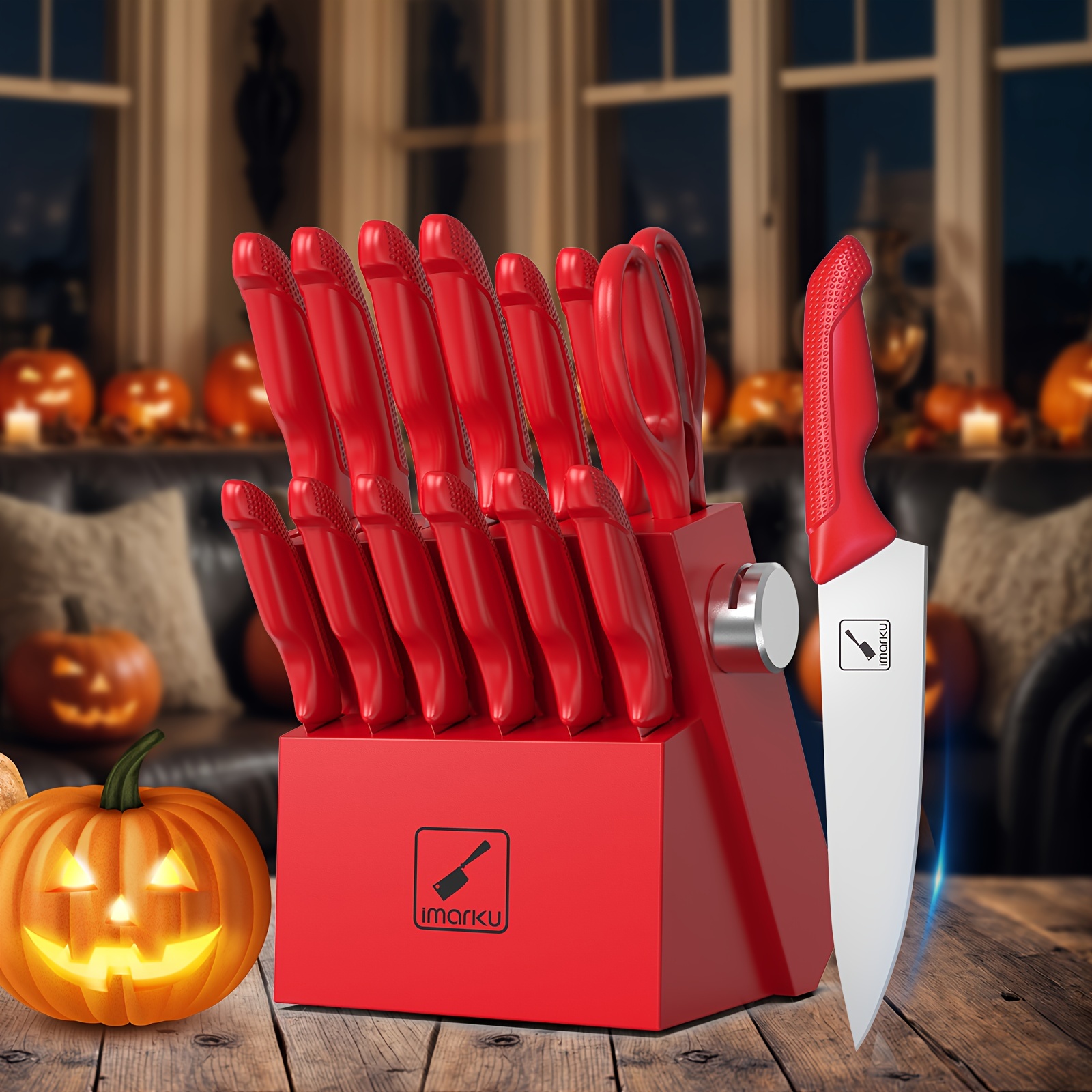 

I Marku Knife Set , Sharp Knife Set -in Sharpener, Japanese Steel Knife Set Ergonomic , Dishwasher Safe, , 14 Pcs, Red