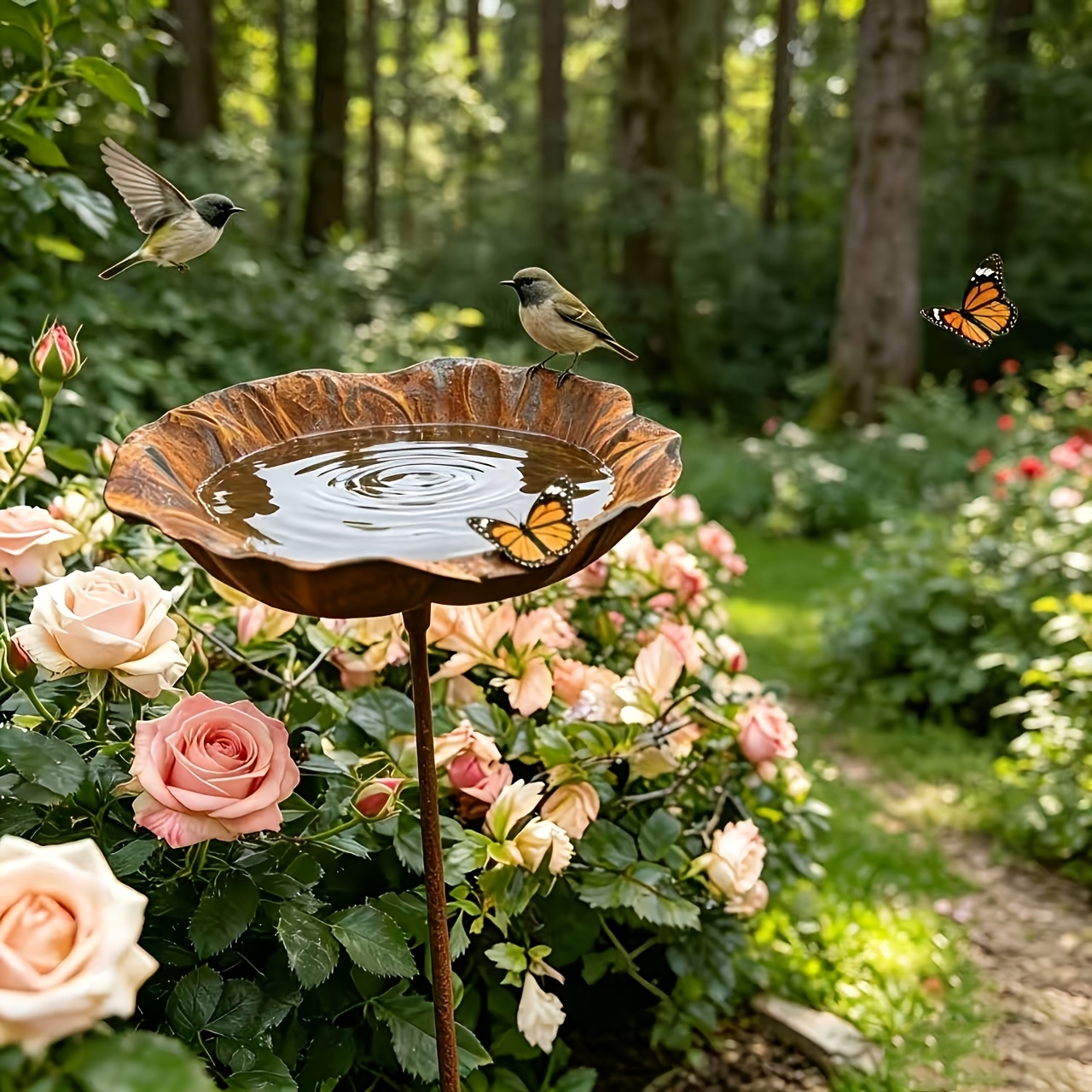 TEMU Bassin pour oiseaux vintage couleur rouille de feuille de lotus, mangeoire pour oiseaux de prairie de cour, de décoration paysagère de jardin,