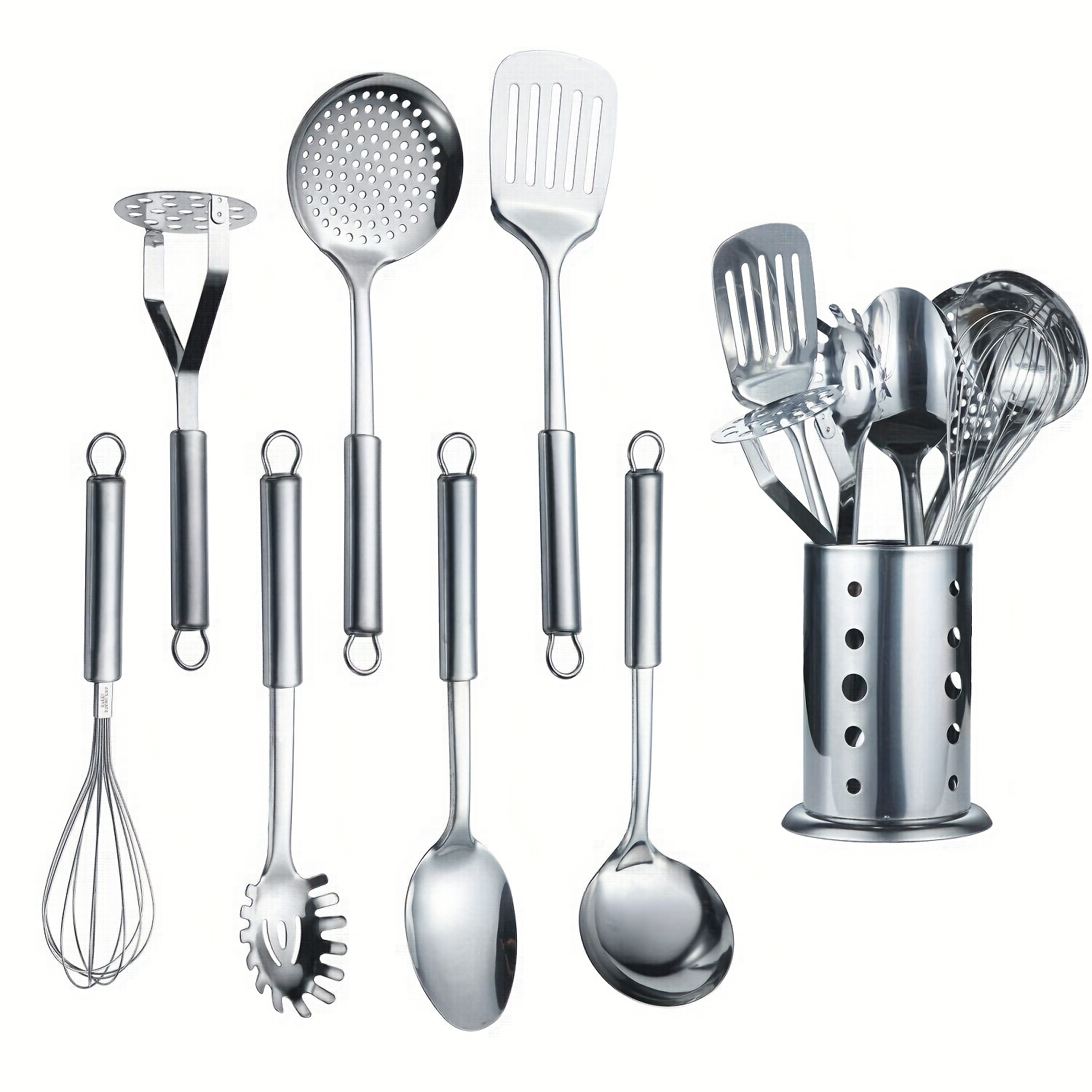 

Cooking Utensil Set 8 Piece, Stainless Steel Kitchen Tool Set With Stand, Cooking Utensils, Slotted Turner, Ladle, Skimmer, Serving Spoon, Pasta Server, Potato Masher, Egg Whisk (8 Pieces)