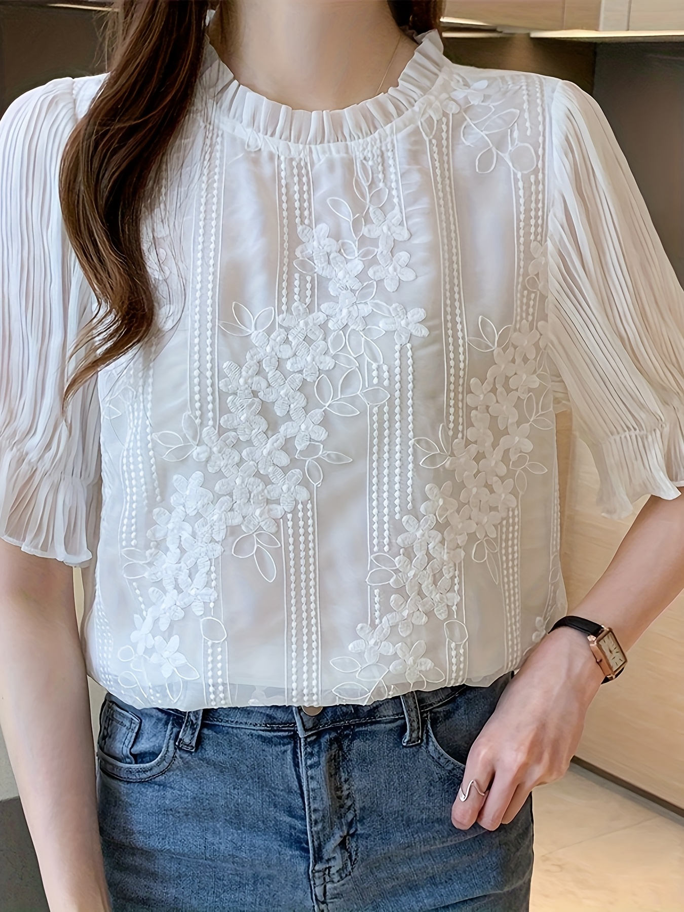 blusa elegante encaje bordado mujer manga corta Temu Spain